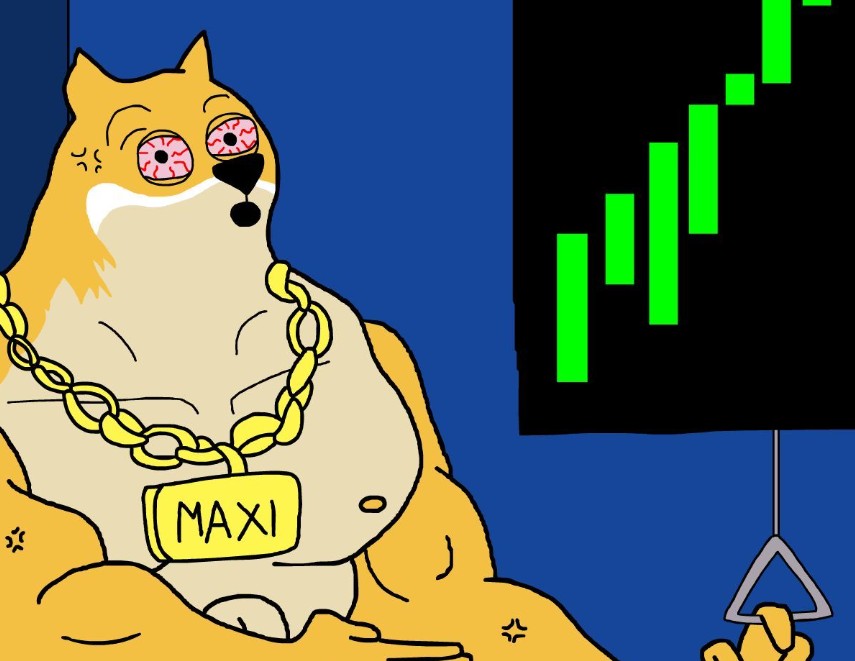 筋肉質な体格をした柴犬キャラクター『Maxi Doge』。首には金色のチェーンネックレスをかけており、『MAXI』と書かれたプレートが胸に下がっている。横には緑色の上昇チャートが表示されている。