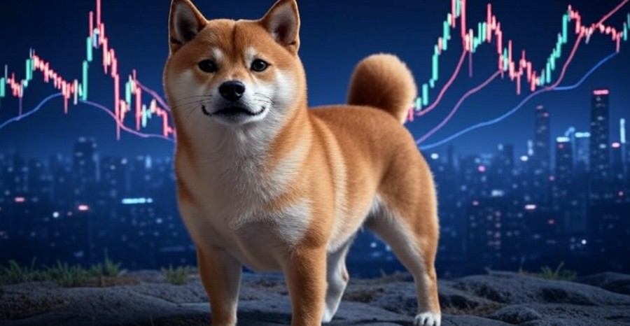暗い背景にピンク色のチャートが映し出され、その前に柴犬をモチーフにしたドージコインのキャラクターが立っている。相場の変化を象徴的に表現している。