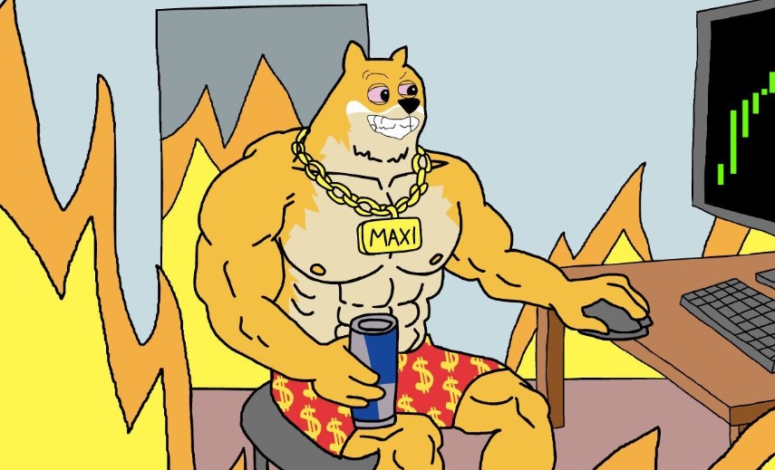 筋肉質な柴犬キャラクター『Maxi Doge』が椅子に座り、パソコン画面を見ながらドリンクを持っている。背景には赤い炎が描かれ、熱気や勢いを表現している。