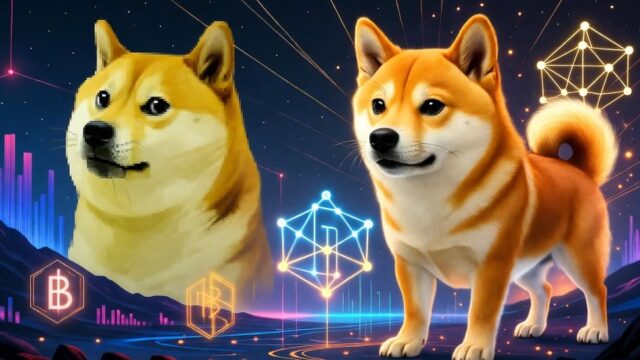 2匹の柴犬が並び、背景にはビットコインやブロックチェーンを象徴する光のネットワークが広がるデジタルアート。ドージコイン（DOGE）や新トークン$MAXIを暗示しており、ミームコインの次世代を象徴している。