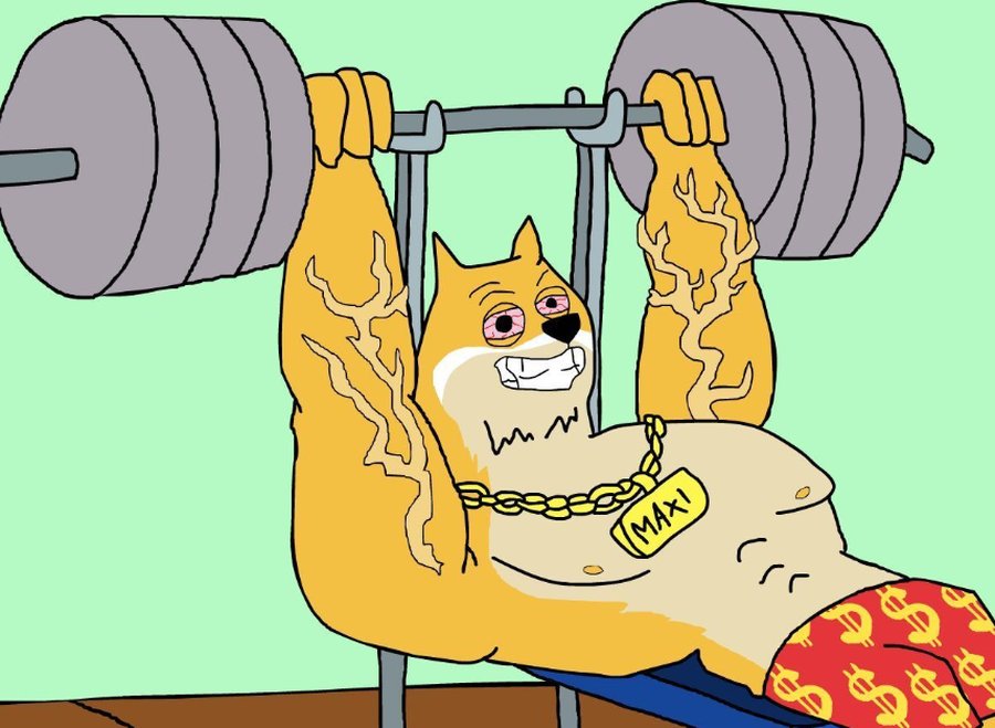 筋肉質な柴犬がベンチプレスでバーベルを持ち上げているイラスト。首には『MAXI』のネックレスをかけ、強さとパワーを象徴するコミカルな描写で、新しいミームコイン『Maxi Doge』のキャラクターを表している。