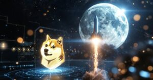 満月とロケットを背景に、中央に輝くドージコインの犬（柴犬）の映像が表示され、宇宙をテーマにした未来的なデザインのドージコイン関連イメージ。