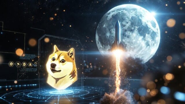 満月とロケットを背景に、中央に輝くドージコインの犬（柴犬）の映像が表示され、宇宙をテーマにした未来的なデザインのドージコイン関連イメージ。