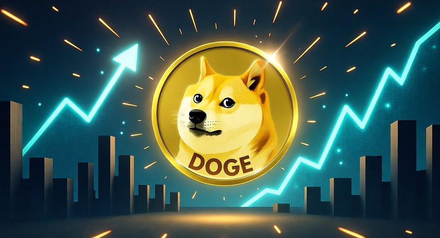 中央にドージコインの犬が描かれ、その背後に上昇するチャートの矢印が伸びる、ミームコイン市場の盛り上がりを象徴した未来的なデザインの画像。