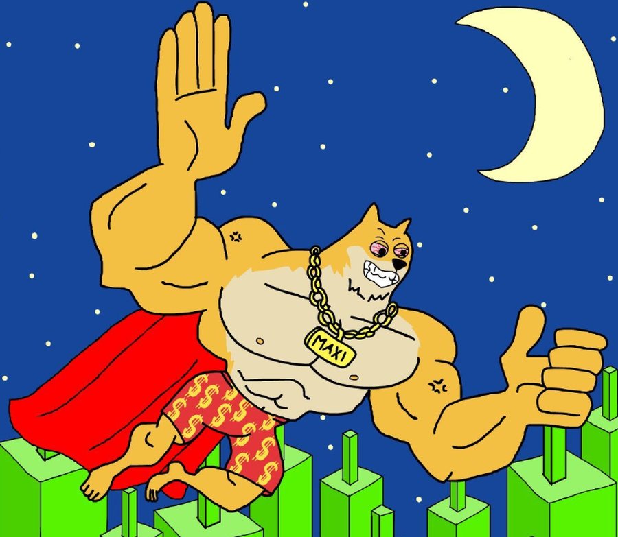 マントを着けたマッチョな犬キャラクター Maxie Doge が、夜空と月を背景にビルの上を飛び回るようにポーズを決めているコミカルなイラスト。