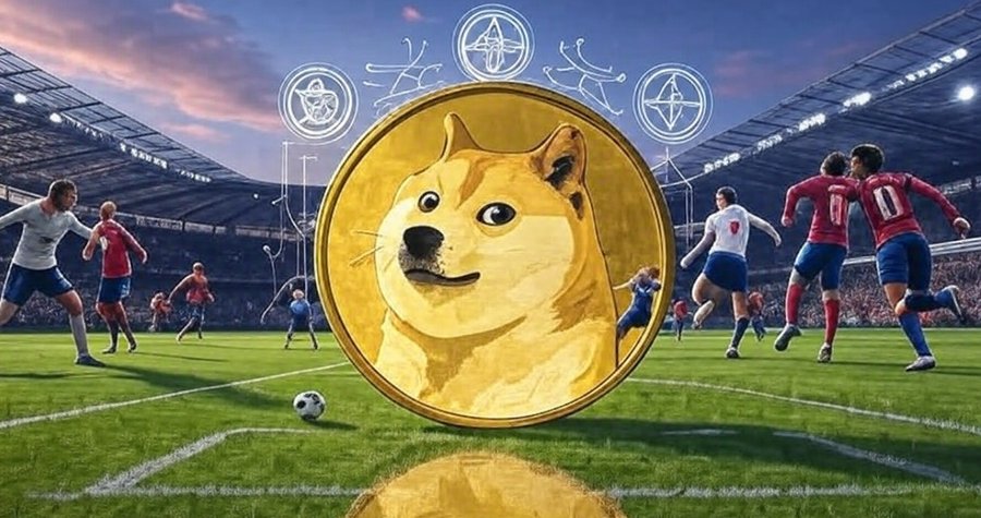 サッカーの試合シーンで、選手たちの後ろに金色のDogecoinコインが描かれたイラスト。背景には観客席が広がり、仮想通貨がスポーツ業界に進出するイメージを表現している。