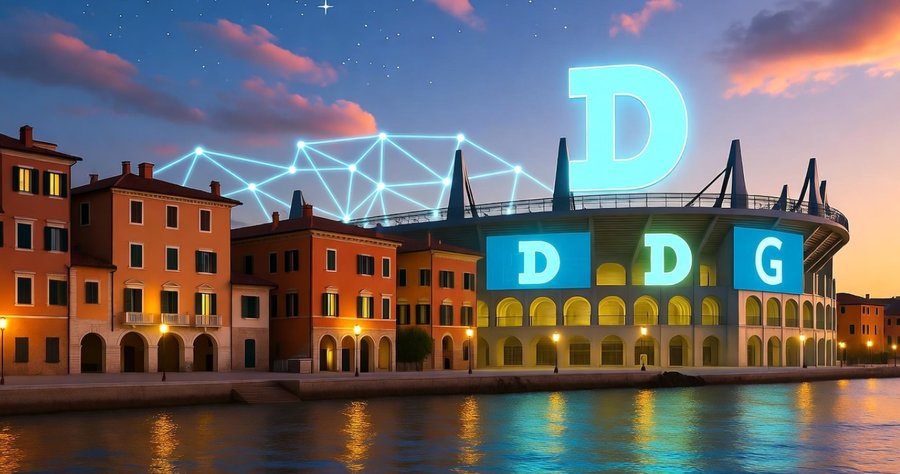 夕暮れの街並みに建つスタジアムの上に巨大な“D D G”の文字が輝くイラスト。背景には運河と建物が並び、デジタルネットワークを象徴する光の線が空をつないでいる。『ハウス・オブ・ドージ』のグローバル戦略を象徴するシーン。