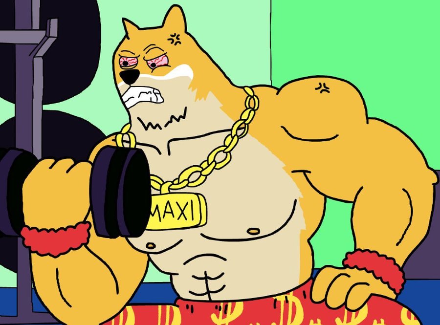 筋骨隆々とした犬のキャラクター“Maxi Doge”がジムでダンベルを持ち上げているイラスト。首には“MAXI”と書かれた金のネックレスをつけ、赤いズボンにはドルマークが描かれている。