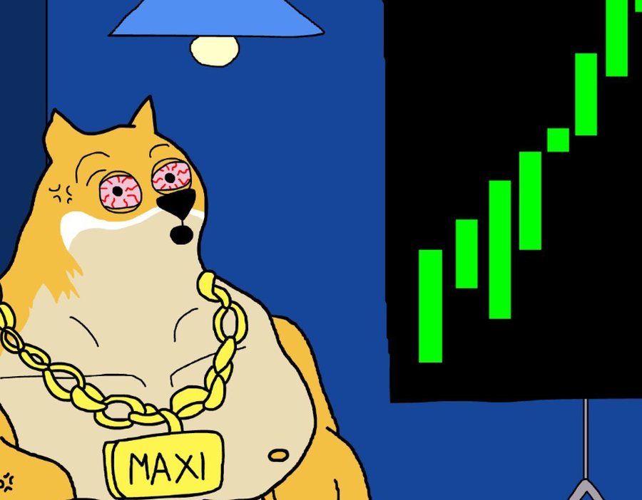 金色のネックレスに“MAXI”と書かれた筋肉質の犬のキャラクターが、上昇する緑のチャートを見上げているイラスト。背景は青色で、暗号通貨市場の上昇トレンドを象徴している。