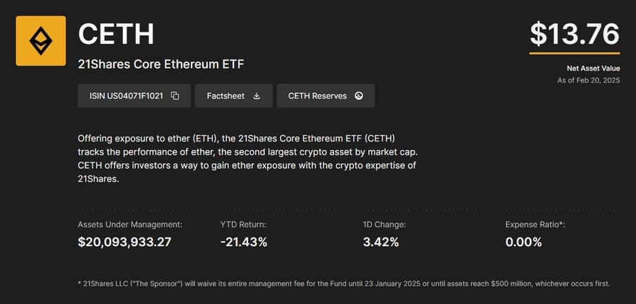 21shares Core Ethereum ETF（CETH）