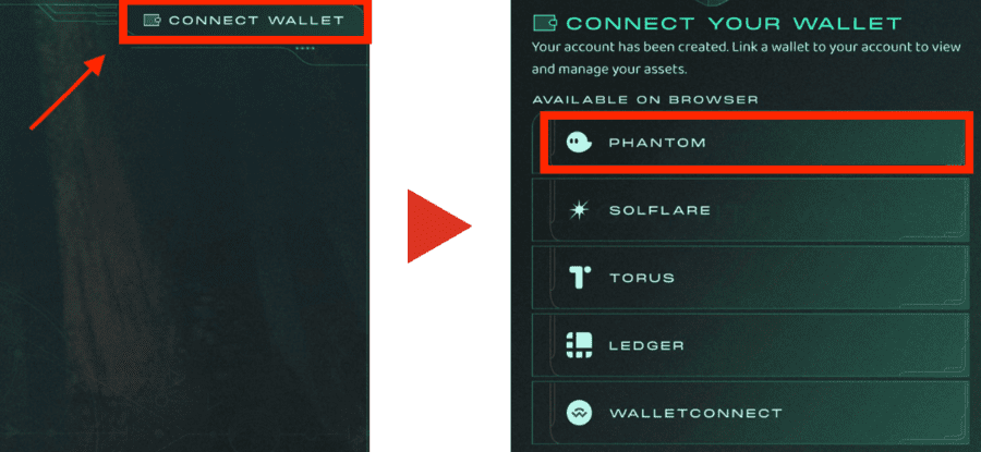 画面右上の「CONNECT WALLET」をクリックして、Phantomウォレットを選択