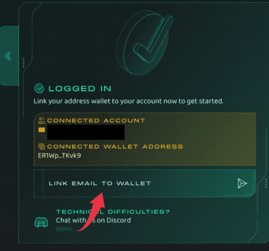 「LINK　EMAIL TO WALLET」をクリック