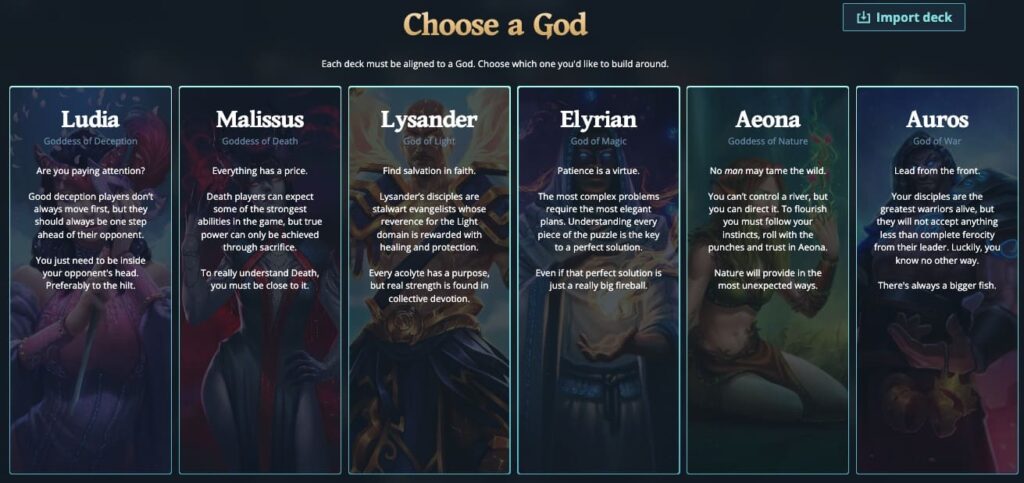 Gods Unchainedでは6種類のGODSタイプからデッキを構築する