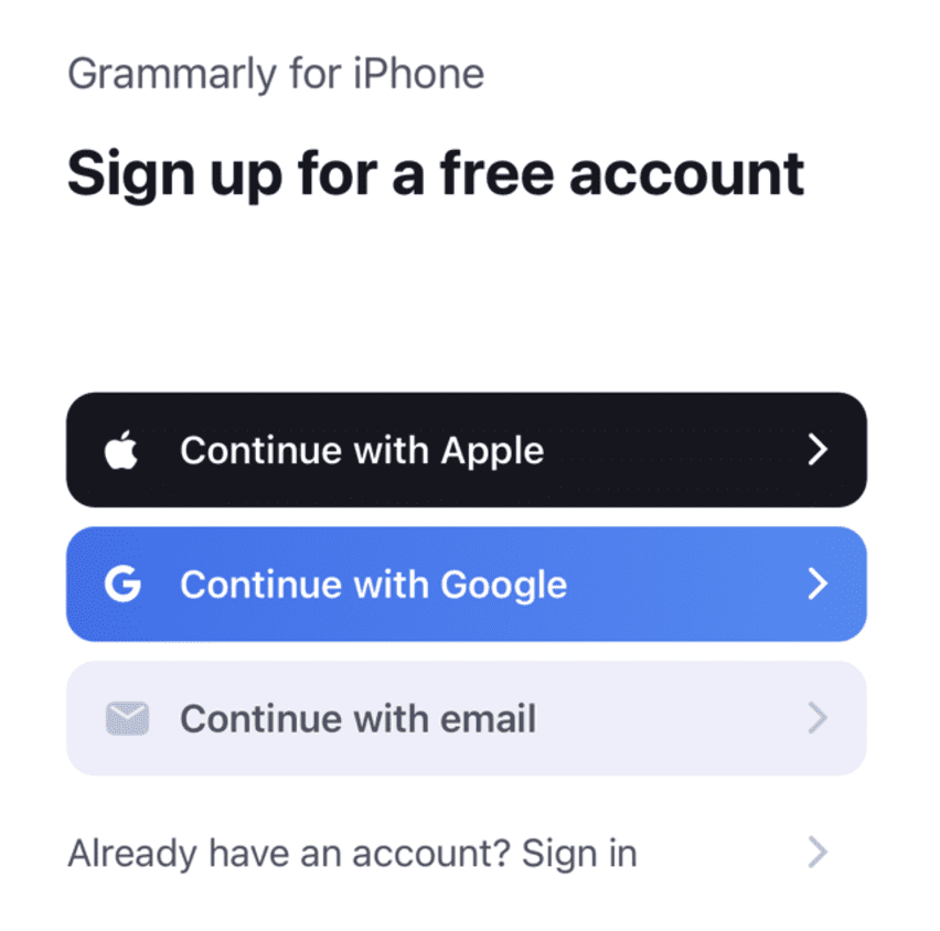 Grammarlyアプリのアカウント作成ページ