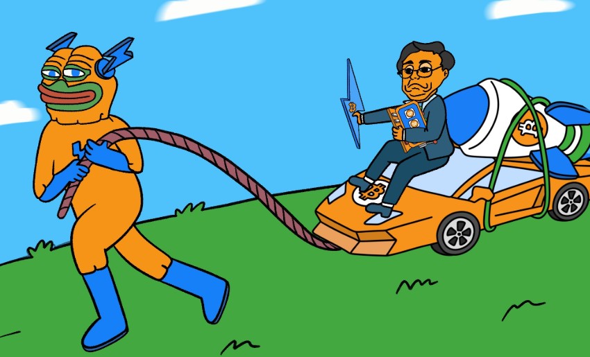 Bitcoin Hyperのキャラクターが縄を引き、後ろにはコンクリートミキサーのような機械を積んだ荷車に乗る人物が描かれているコミカルなイラスト。