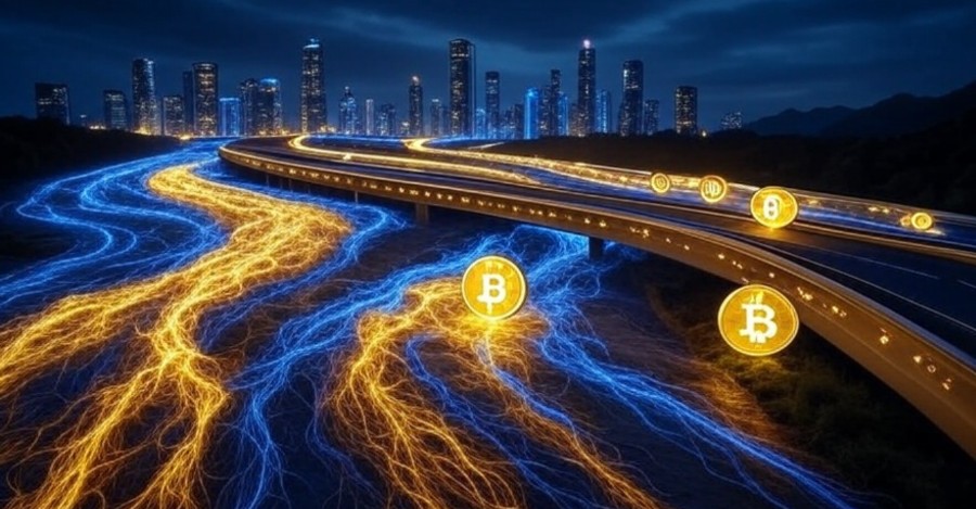 ビル群の前に広がる道路に青とオレンジの光のラインが交差し、複数のビットコインコインが並んで輝いている。アルトコインシーズンとビットコインの新しい可能性を表現するイメージ画像。