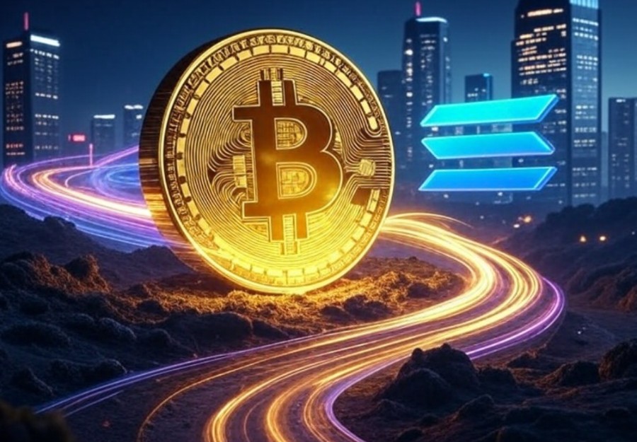 夜の都市ビル群を背景に、中央には光り輝くビットコインの巨大コインが配置され、左右にはデジタル風の矢印や光の軌跡が走っている画像