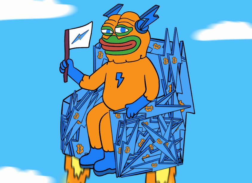 雷マークの服を着たキャラクターが、ビットコインや稲妻の模様が描かれた青い王座に座り、BTC Hyperの旗を掲げているイラスト
