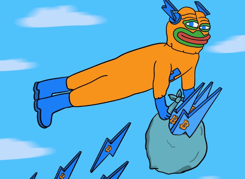空を飛ぶ雷マークのブーツを履いたキャラクターが、BTCロゴ付きの稲妻とコインを詰めた袋を持って浮遊しているイラスト