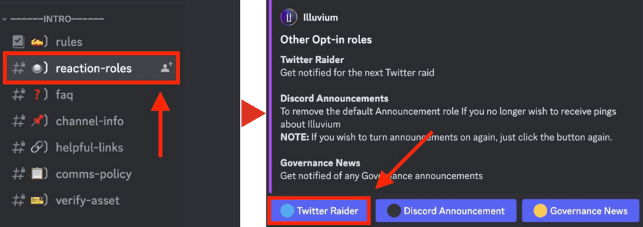 「reaction-role」チャンネルにアクセスして、「twitter-raider」をクリック