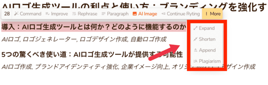 編集画面の一番右の「More」をクリックすると、さらに選択肢が表示される