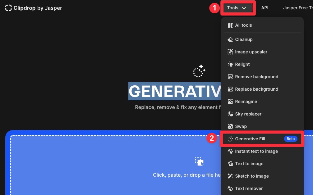 無料で利用できる画像編集機能「GENERATIVE FILL」を、画面上部の「Tools」から選択