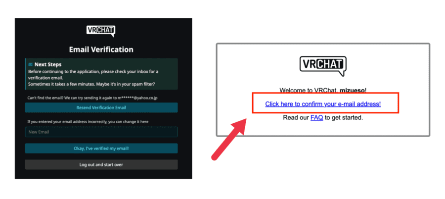 VRChatから届いたメールの「Click here to confirm your e-mail address」をクリック