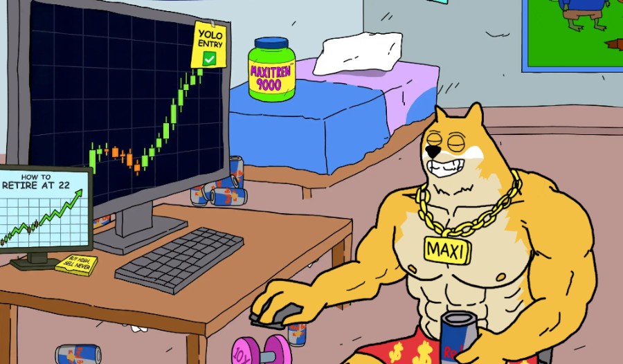 筋肉質な柴犬キャラクターが「MAXI」と書かれたタンクトップを着てパソコンの前に座り、チャート画面を見ながら仮想通貨取引をしているコミカルなアニメ風イラスト