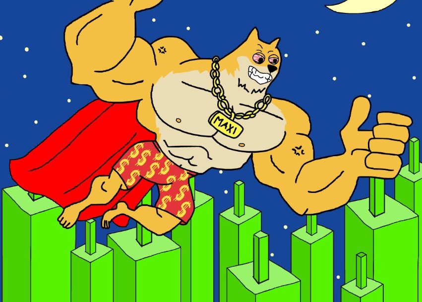 金色の鎖とマントを身に着けた筋肉質な柴犬キャラクターが夜空を背景に街の上空を飛び、片手でサムズアップをしているアニメ風イラスト。