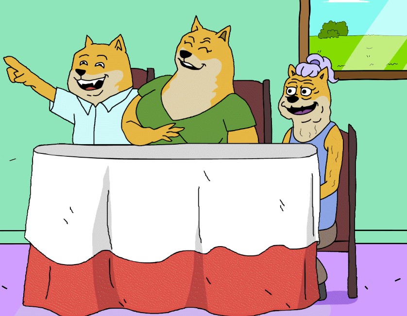 3匹の柴犬キャラクターがテーブルを囲んで笑顔で会話しているアニメ風イラスト。カジュアルな雰囲気で、明るい屋外の風景が背景に描かれている。