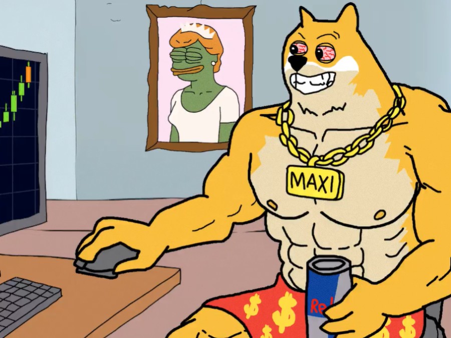 筋肉質な犬キャラクター「Maxi Doge」が、仮想通貨チャートが表示されたモニターを前にドリンクを片手にリラックスしているシーン