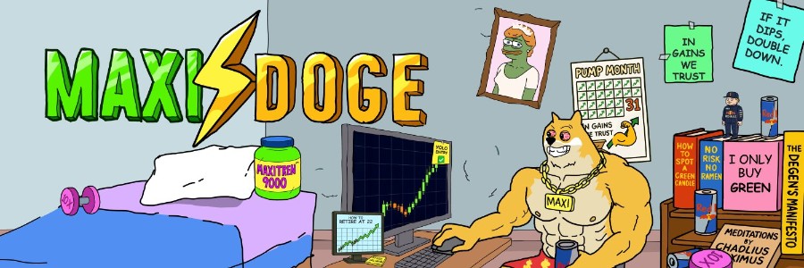 MAXI DOGEのロゴの下で、筋肉質なMaxi Dogeがパソコン画面のチャートを監視している様子