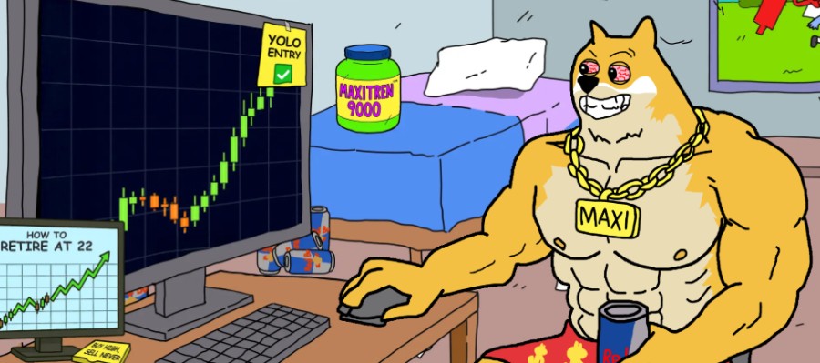 MAXIのネックレスを着けた筋肉質な犬「Maxi Doge」が、仮想通貨チャートを表示するPCの前でリラックスしているシーン