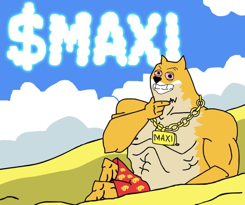 青空の下、金色のチェーンネックレスに『MAXI』と書かれたプレートをつけた筋肉質な犬キャラクター『Maxi Doge』が親指を立てているイラスト。背景には大きな『$MAXI』の文字が描かれている