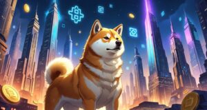 未来的な都市を背景に輝く柴犬が立っているイラスト。ミームコイン「Maxi Doge」の象徴として描かれ、周囲には光る仮想通貨のコインが浮かんでいる。