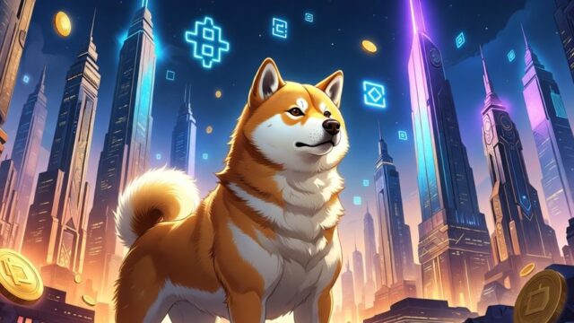 未来的な都市を背景に輝く柴犬が立っているイラスト。ミームコイン「Maxi Doge」の象徴として描かれ、周囲には光る仮想通貨のコインが浮かんでいる。