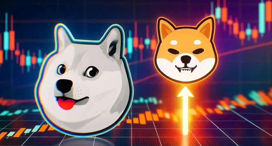 ドージコインの柴犬と Maxi Doge の柴犬アイコンが並び、背景に上昇チャートが描かれているイラスト。ミームコインの価格上昇や比較の文脈を示すビジュアル。