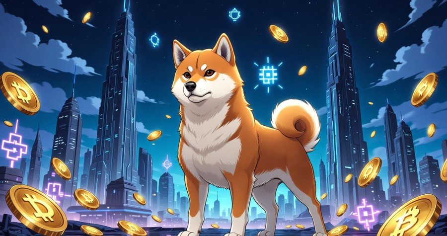 未来都市の背景で柴犬が堂々と立ち、周囲に複数の仮想通貨コインのシンボルが浮かんでいるイラスト。柴犬系ミームコインの進化や技術アップデートを象徴するビジュアル。