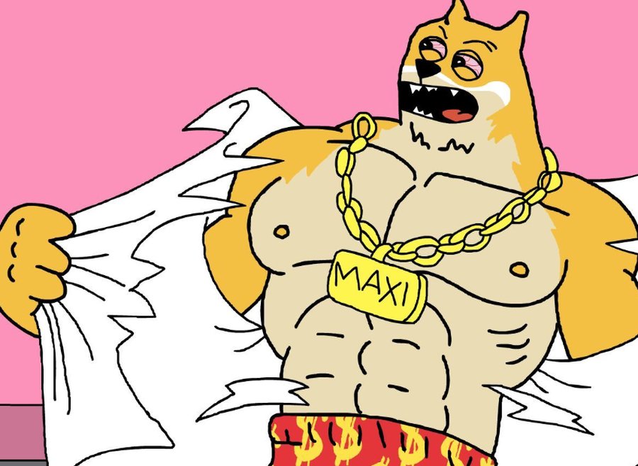 筋肉隆々の柴犬キャラクターがシャツを破りながらポーズをとっているコミカルなイラスト。胸には「MAXI」と書かれた金色のネックレスをつけ、ミームコイン Maxi Doge の強さや勢いを誇張して表現している。