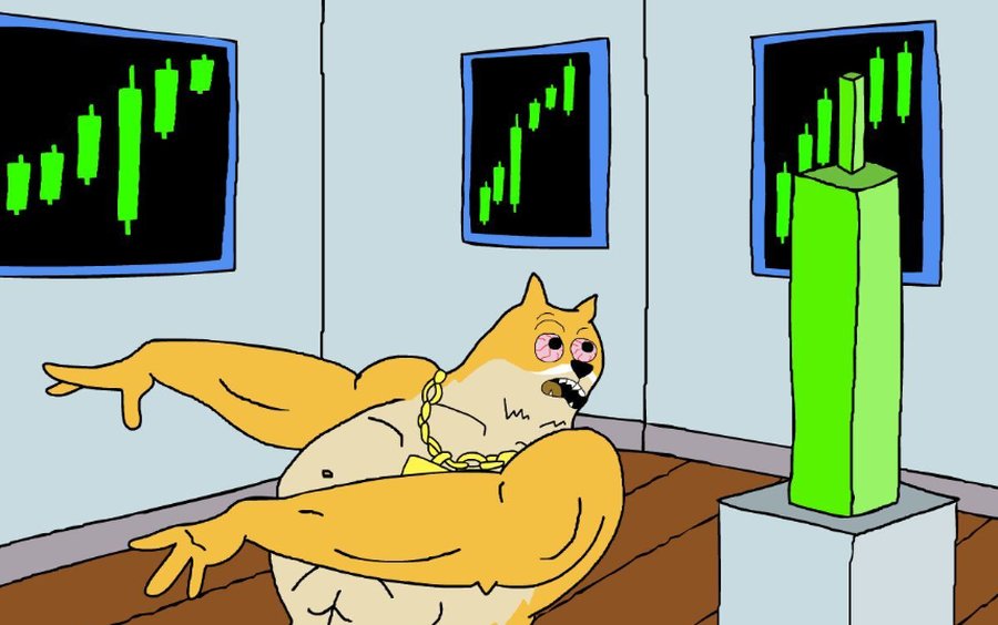 筋肉質の柴犬キャラクターが驚いた表情で上昇中の巨大な緑色チャートを指差しているコミカルなイラスト。ミームコイン市場の急騰や投資チャンスを象徴したシーン。