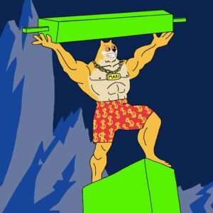 サングラス姿のマッチョな柴犬キャラ「Maxi Doge」が、赤いスポーツカーで南国の海沿いを走り、紙幣とコインが舞っているイラスト。