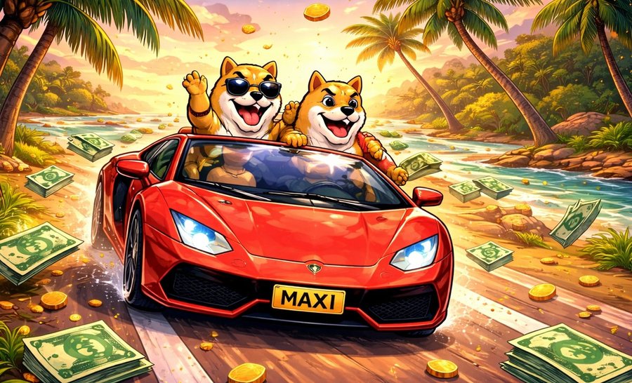 金貨の山に囲まれた王座に座る「Maxi Doge」が、王冠とマントを身につけ、杖を持っている豪華なイラスト。