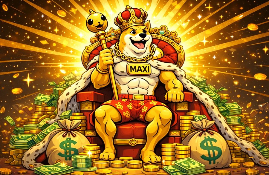 鎧を着た「Maxi Doge」が黄金の剣を掲げ、仲間の犬たちと旗を持って炎の戦場を突き進む迫力あるイラスト。