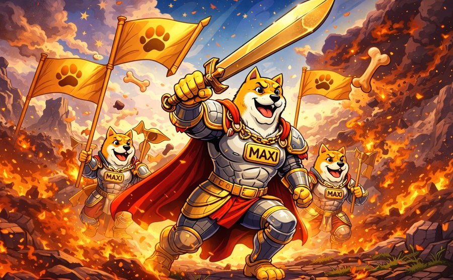 2匹の可愛らしい柴犬が、**「MAXI DOGEの購入方法」**と書かれた説明書や、購入手順のチャートを見ながら、コミカルな表情で話しているイラスト。Maxi Dogeの購入方法に関する具体的な情報を紹介するセクションの図解。