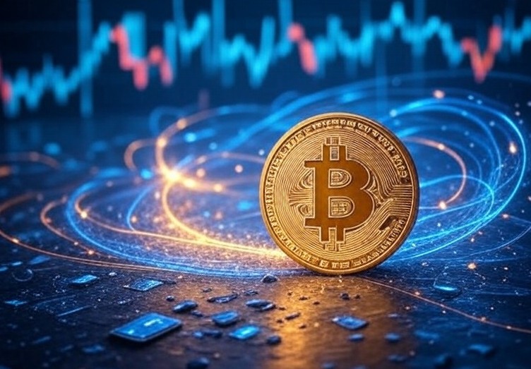 中央にビットコインのコインが立ち、背景には上昇と下降を示す青と赤のチャートラインが描かれている。仮想通貨市場の値動きと投資チャンスを象徴するイメージ。

