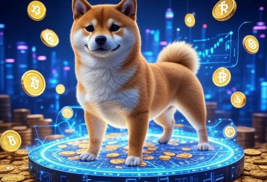 柴犬がコインの山の上に立ち、背景には仮想通貨のシンボルが輝くデジタル空間。Maxi Doge のライバルとして登場するミームコイン Manyu を象徴的に表現したイラスト。
