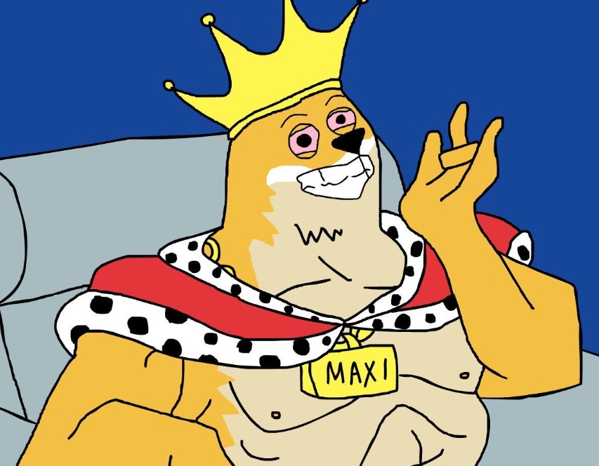 王冠と赤いマントを身につけた柴犬キャラクター。玉座に座り、MAXI と書かれた衣装をまとったコミカルなイラストで、仮想通貨 Maxi Doge を擬人化した姿を表現している。
