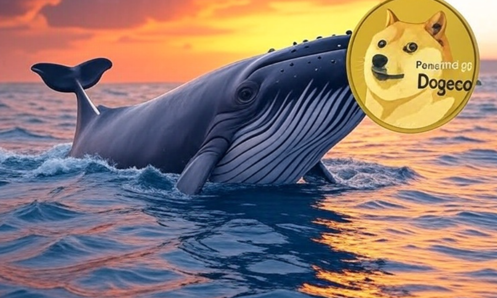 海中を泳ぐ巨大なクジラの頭部にDogecoinのロゴコインが重ねられて描かれている。周囲には光が差し込み、コインと水面が輝いており、大規模な投資や「クジラ買い」を象徴的に表現している。