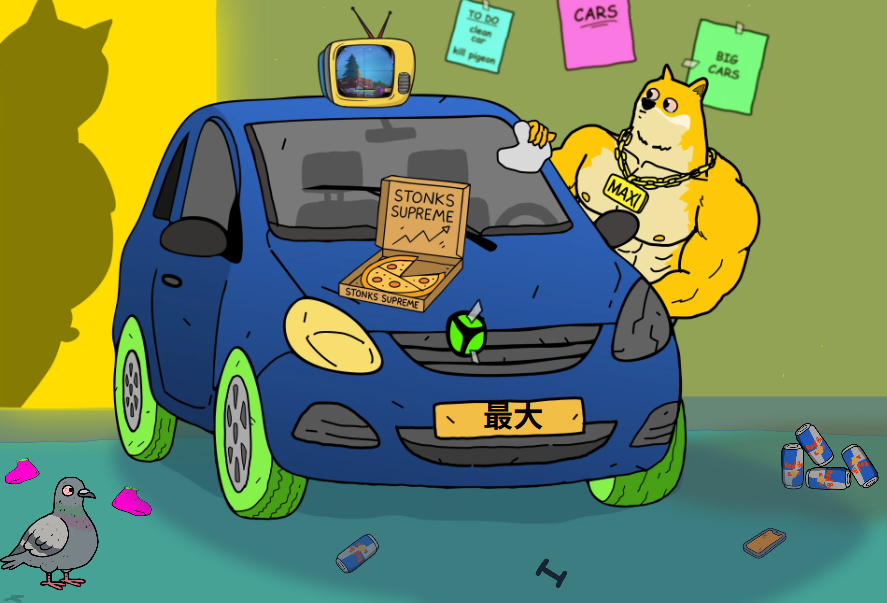 青色の車の横に、筋肉質の「Maxi Doge」キャラクターが腕を組んで立っているイラスト。車のボンネットには大量のドル札と「STORAGE」ラベルの金庫が置かれ、車体には「仮犬」のナンバープレート。背景には「LUXURY」「CARS」などの付箋やアイテムが散らばっており、豪華さと高利回り投資のイメージをユーモラスに描いている。