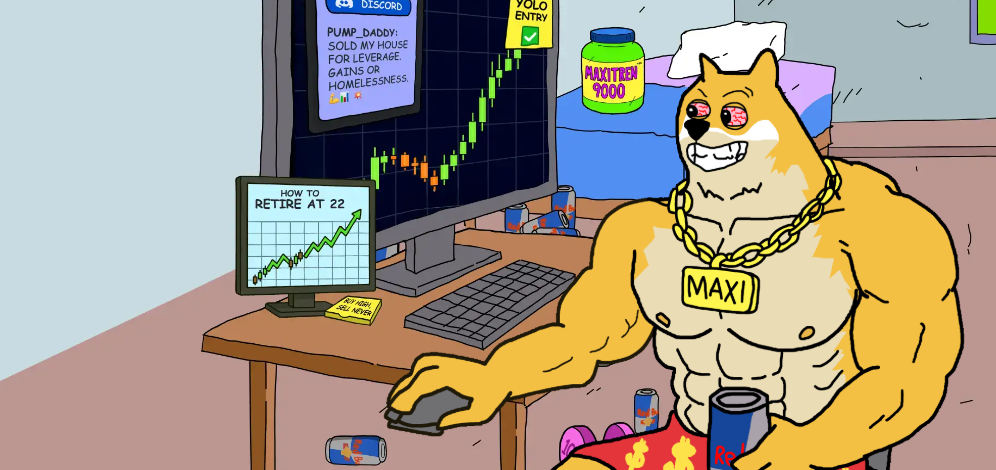 筋肉質の柴犬キャラクター「Maxi Doge」が机に座り、パソコン画面の上昇チャートを見つめている室内イラスト。机の上には書類やエナジードリンク缶が置かれ、背景のモニターには「YOLO ENTRY」の付箋が貼られたチャートが映っている。強気な投資家キャラクターとしての姿をユーモラスに表現。